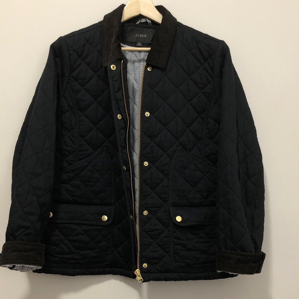 J. Crew Black Quilted Lined Women's Jacket with Brown cuffs and Gold Accents